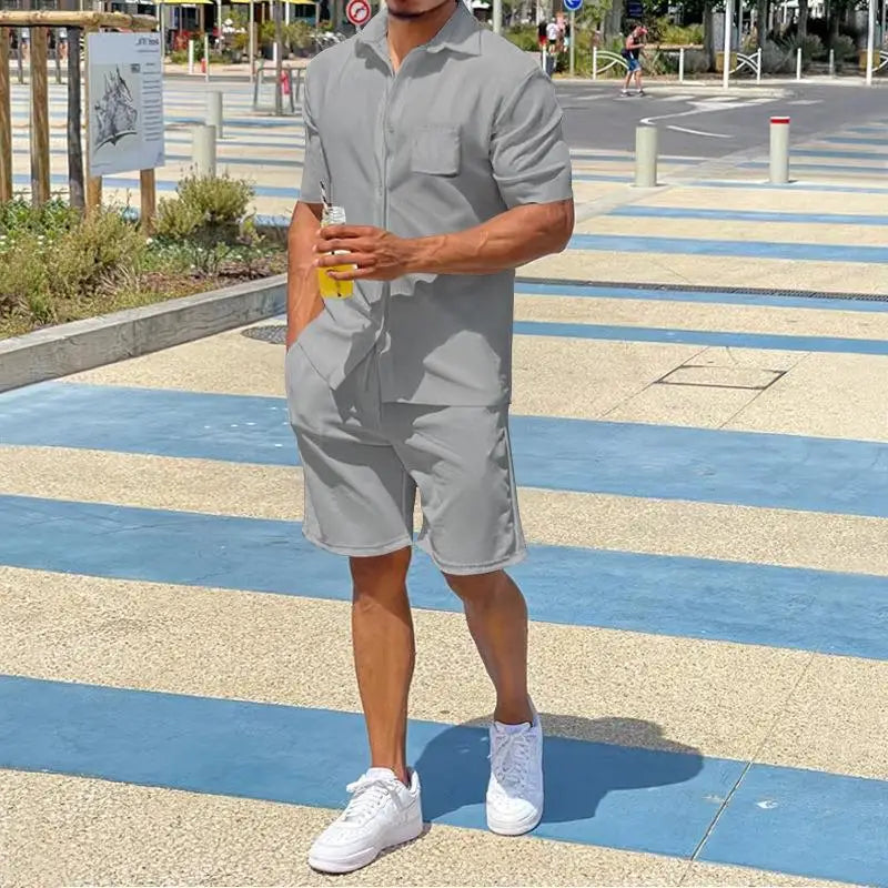 2026 Men's Summer Solid Casual Sets Comfy Cotton Linen Short Sleeve Lapel Shirt and Shorts Two Piece Sets Men Loose Sport Outfit