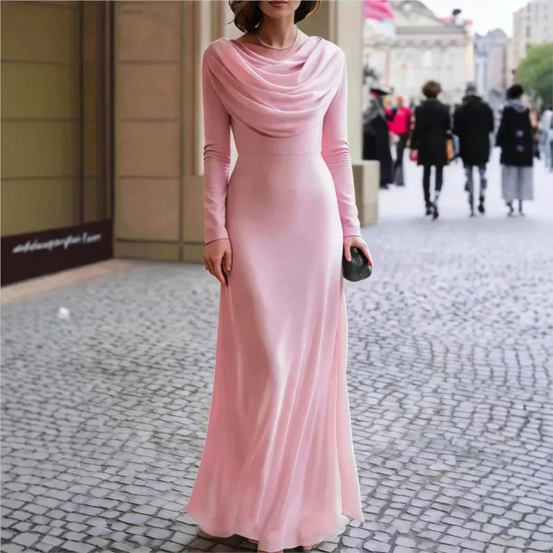Elegant Ruched Maxi Dress Women Swing Collar Full Sleeve Skinny Stretch Robe Autumn Trend Classic Pleats Long Bodycon Vestidos