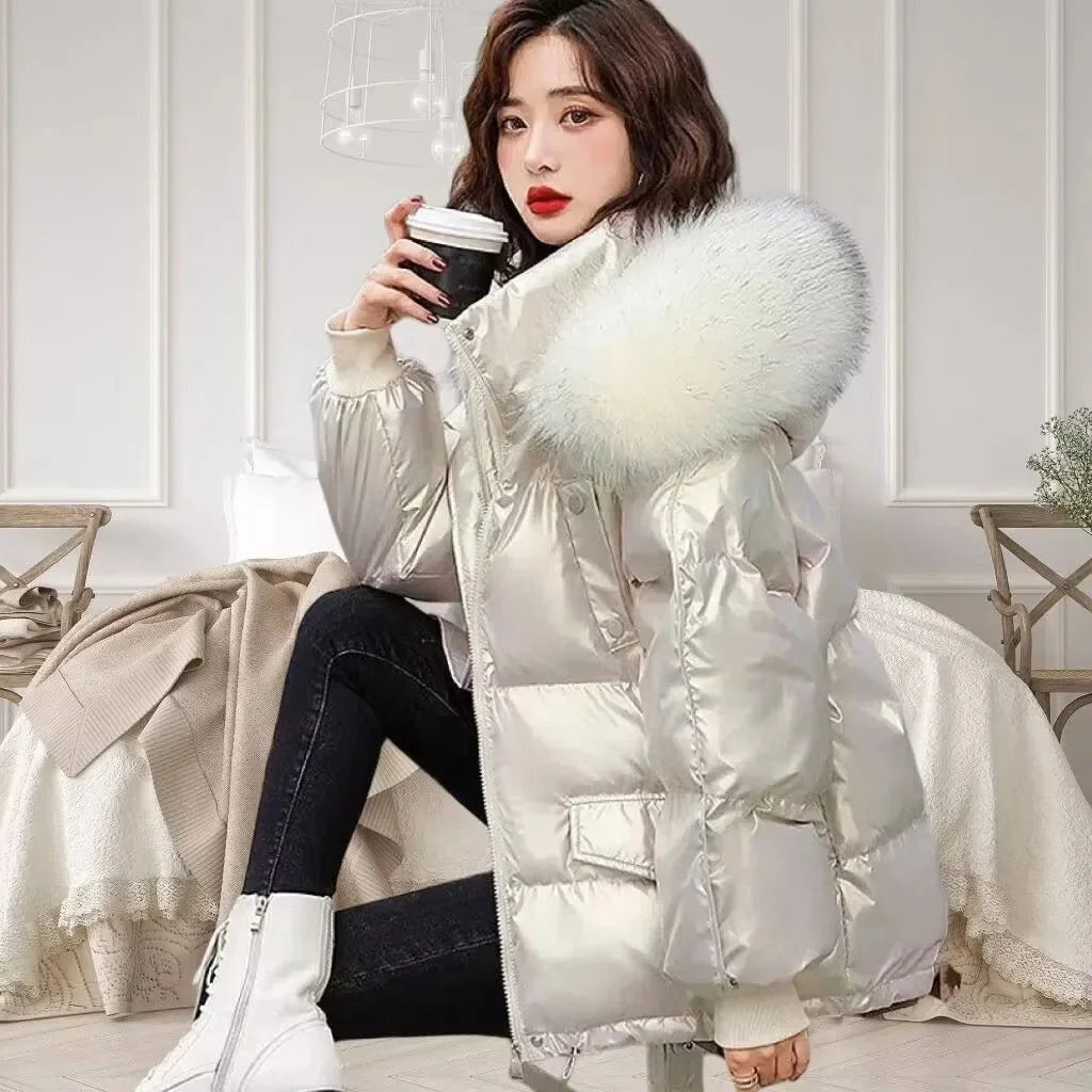2026 Winter Fashion New Warm Duck Down Jacket Women's Clothes Glossy Fur collar Thicken Parka Short Down Coat Female Trend