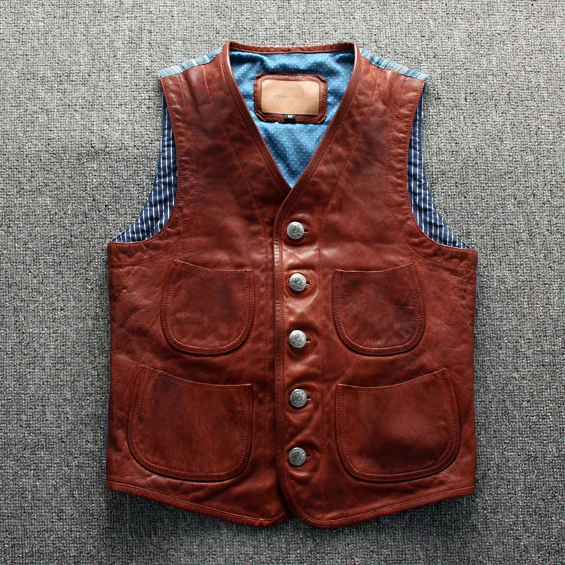 Men's All Season Genuine Leather Vest Sheepskin Sleeveless Jacket Fashion Casual Outerwear