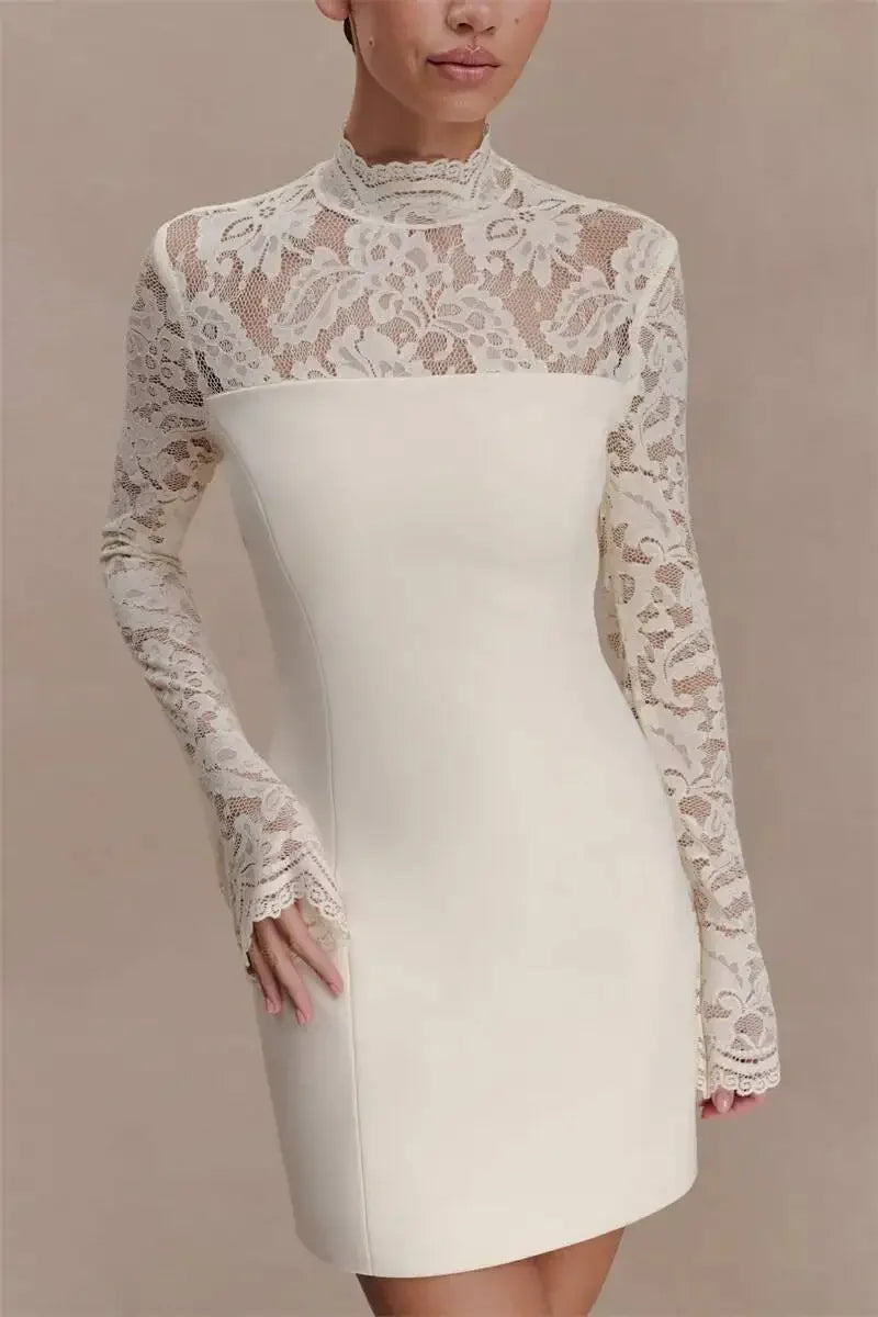 Women Elegant Lace Patchwork Sexy Mini Dress Fashion High Neck Long Flare Sleeve Backless Bodycon Club Party Dresses