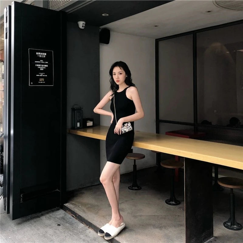 Summer New Style Hong Kong Flavor Slimming Sexy Girl Neck Hanging Bodycon Dress Shoulder Exposure Knitted Strap Dress Women