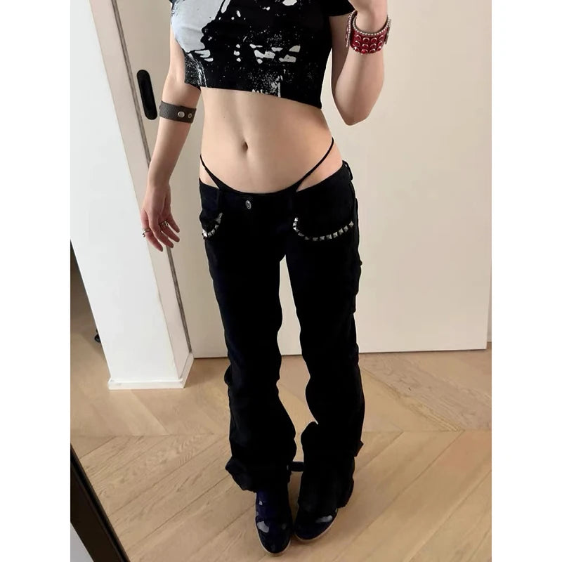 ZHIZOU Women Low Rise Jeans Black Flared Denim Pants Gyaru American Retro Korean Cyber Punk Trumpet Jeans Y2k Skinny Bell Bottom