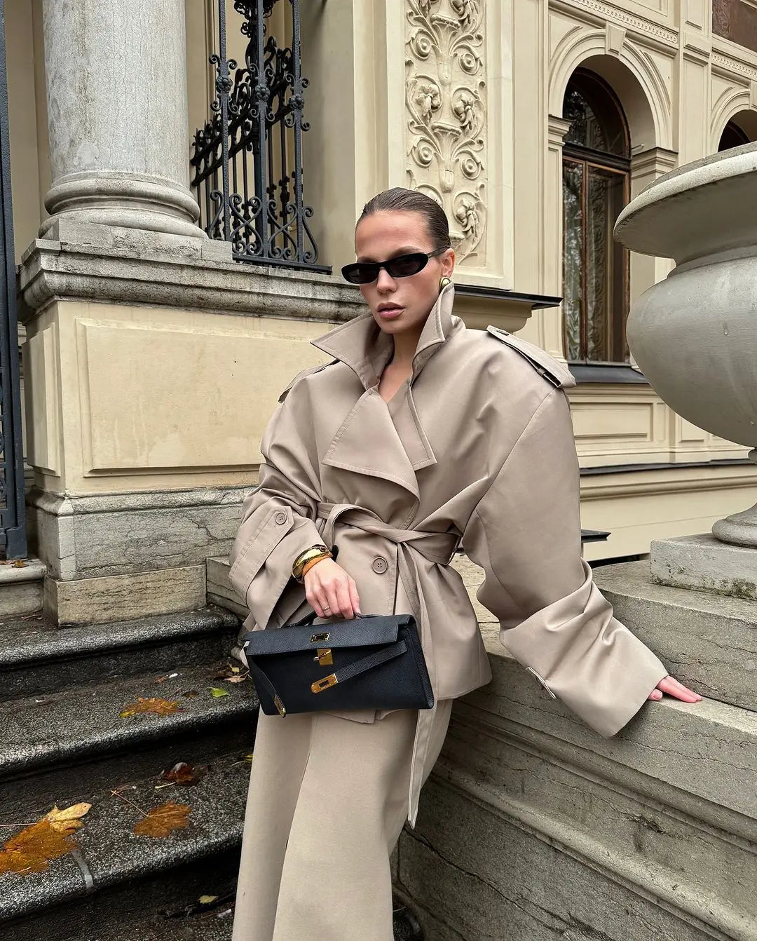 Women Green Oversized Belt Overcoat Elegant Long Sleeve Pleated Lapel Lace Up Windbreaker Autumn Lady Daily Street Outerwears