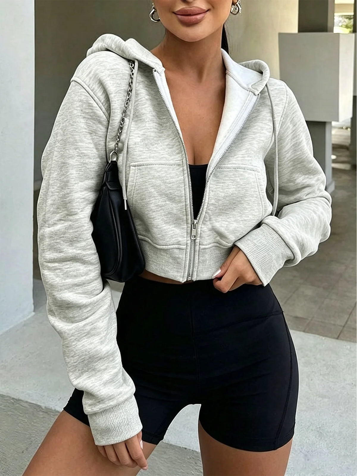 Spring Autumn Women's Zipper Long Sleeve Hooded Cardigan Loose Streetwear Short Sweatshirt Harajuku Y2K Crop Tops Outfit