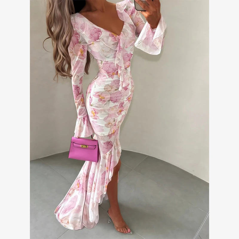 Women Floral Print Short Sleeve Maxi Dress Fashion V-neck Ruffle Trim Belted Slit Hem Dresses Casual Lady Daily Vacation Gowns