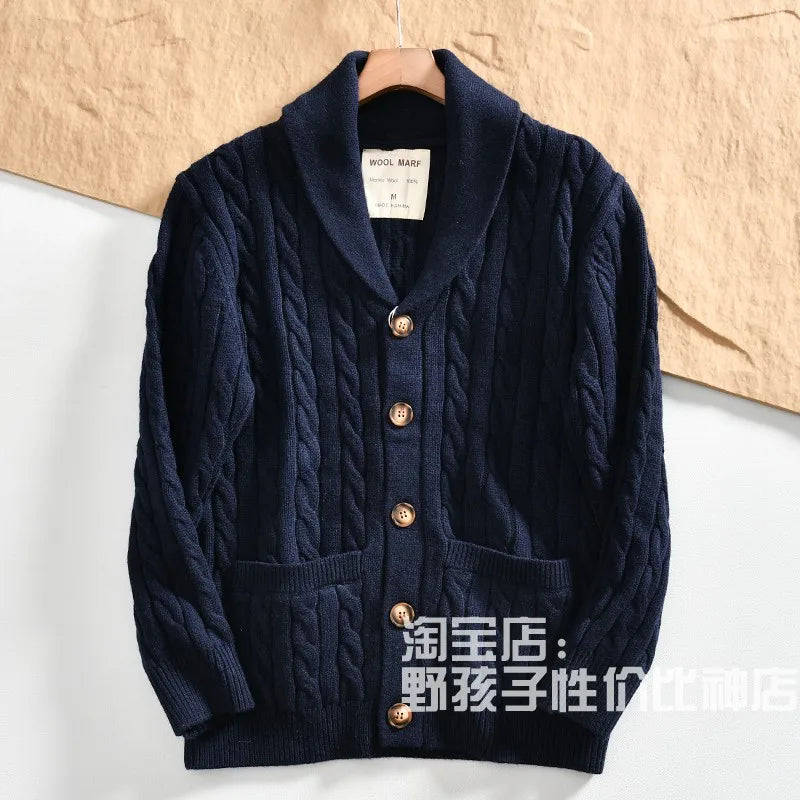 100% Wool Men's Scandinavian Style Shawl Collar Cardigan Nordic Knit Sweater Jacket for Autumn/Winter