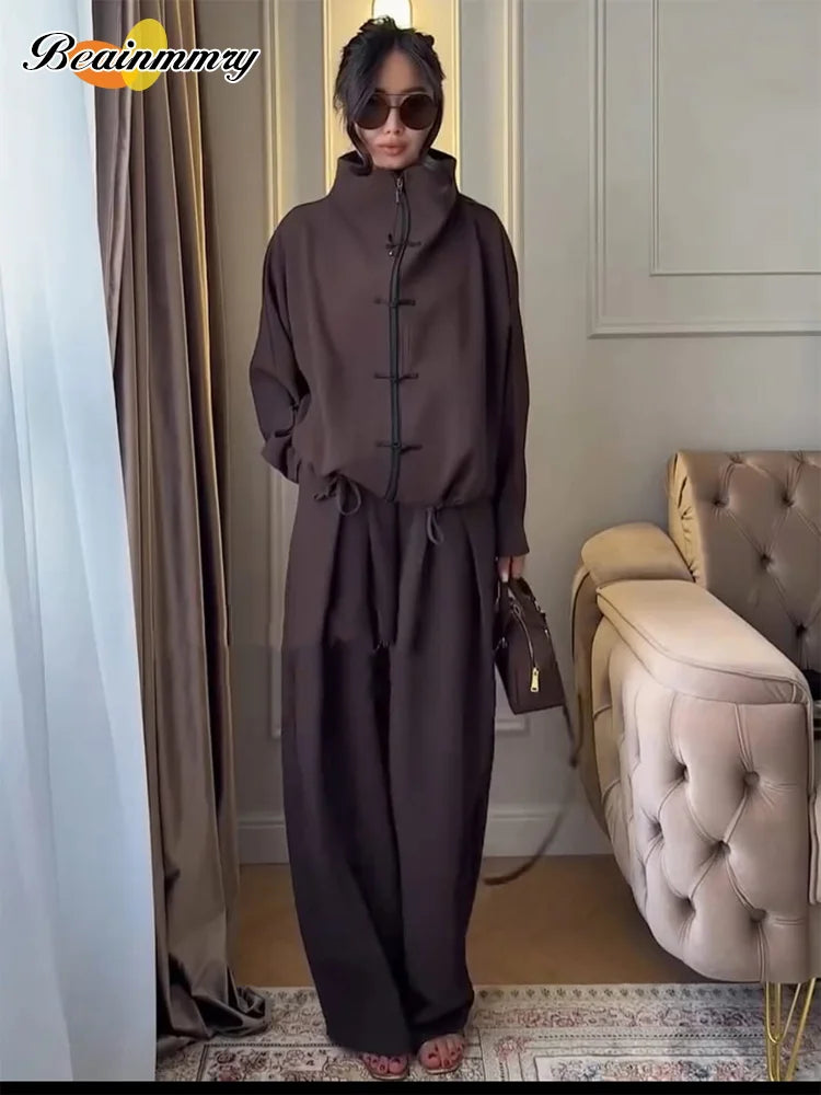 Coffee Tang Suit Two Piece Set Mandarin Collar Frog Button Top Wide Leg Cropped Pants Sets Lady Chic Retro Oriental Daily Wear