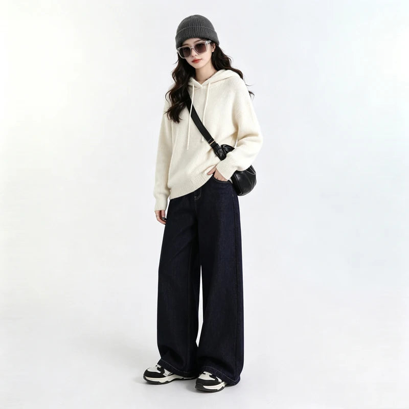 Raw Denim High Waist Wide Leg Draped Jeans Women Vintage Loose Slim Versatile Commute Long Trousers