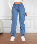American Retro Mid-waist Multi-pocket Cargo Pants Jeans, Women's Casual Loose Straight Long Pants, Patchwork Jeans,Spring Autumn