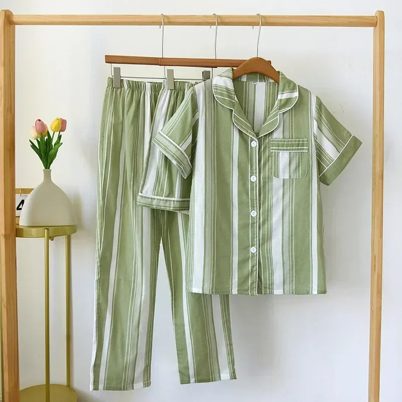 Three-piece Japanese-style pajamas women spring and summer autumn 100% cotton gauze short-sleeved shorts trousers summer suit ho