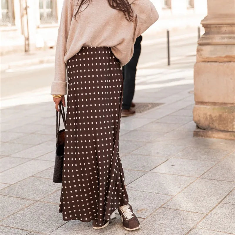 Women Polka Dot Maxi Skirt Elegant Bodycon A Line Flare Long Skirts Cute Dots Print Flowy Maxi Satin Skirt Vintage Streetwear