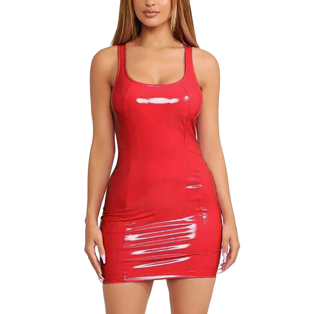 Women's Colorful Leather Dress Zipper PU High Elastic Round Neck Dress Short Skirt Elastic Leather Dress Wrapped Hip Sundress