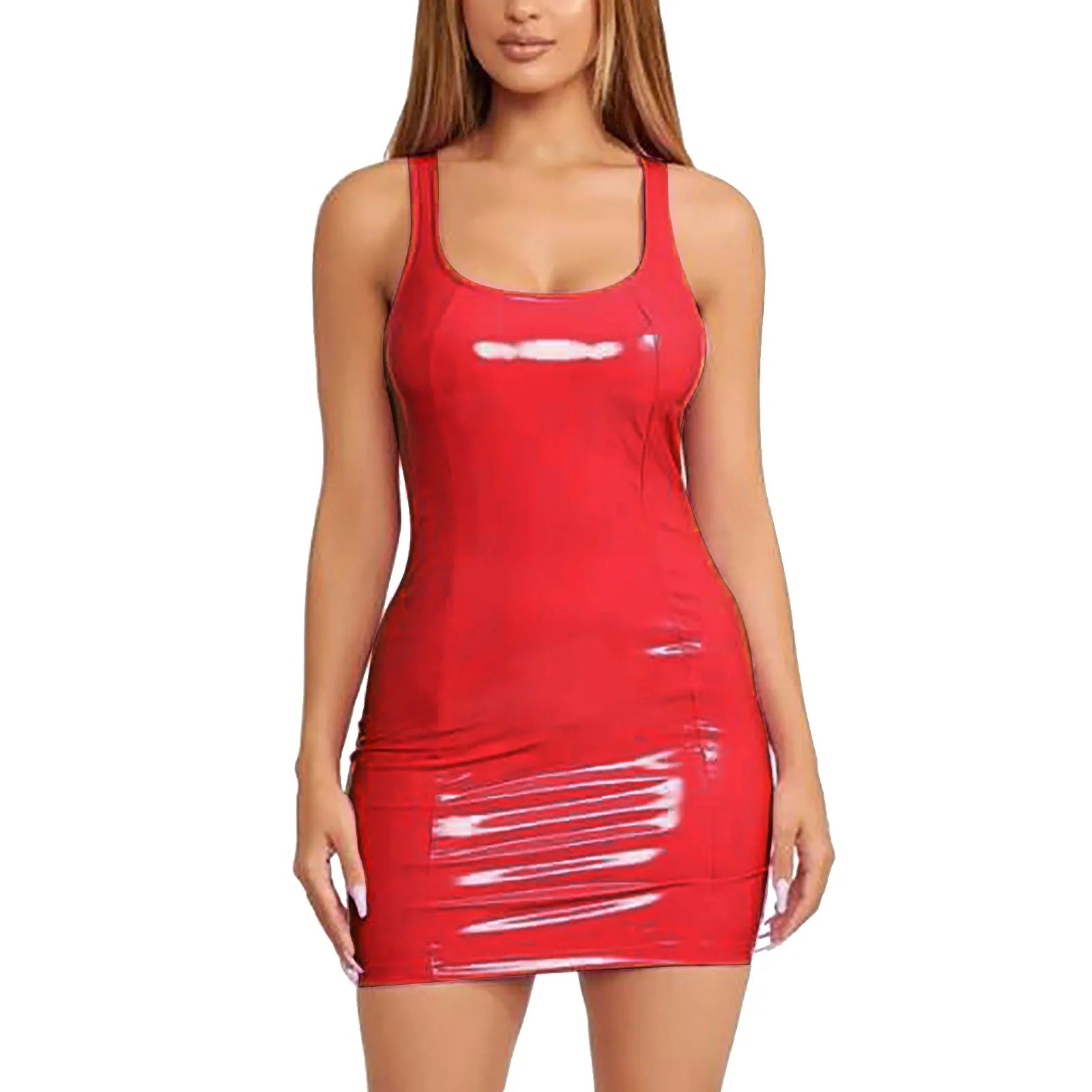 Women's Colorful Leather Dress Zipper PU High Elastic Round Neck Dress Short Skirt Elastic Leather Dress Wrapped Hip Sundress