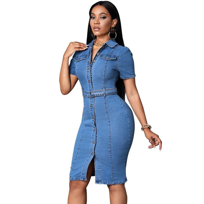 Streetwear Denim Dress Summer Clothes Women Turn Down Collar Short Sleeve Bodycon Midi Dresses Vintage Cowboy Jean Dress Vestido