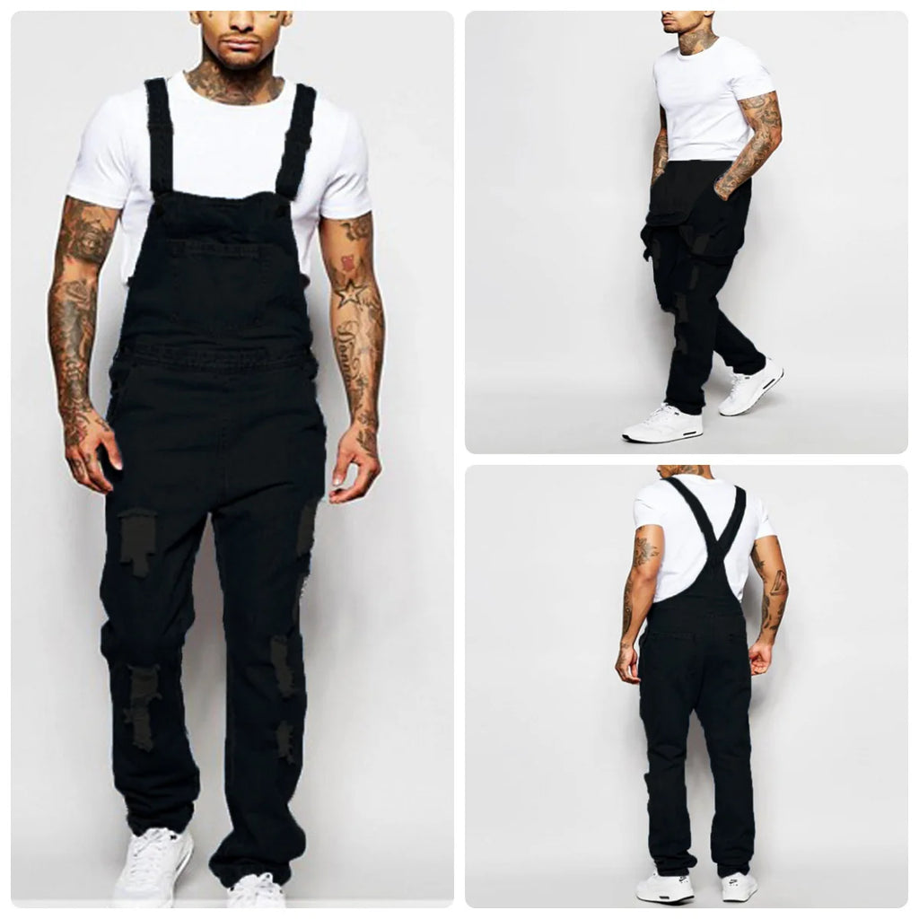 2026 Men's Ripped Denim Overalls Fashion Full Length Suspender Pants Man Jeans High Street Jumpsuit Distressed Casual Trousers