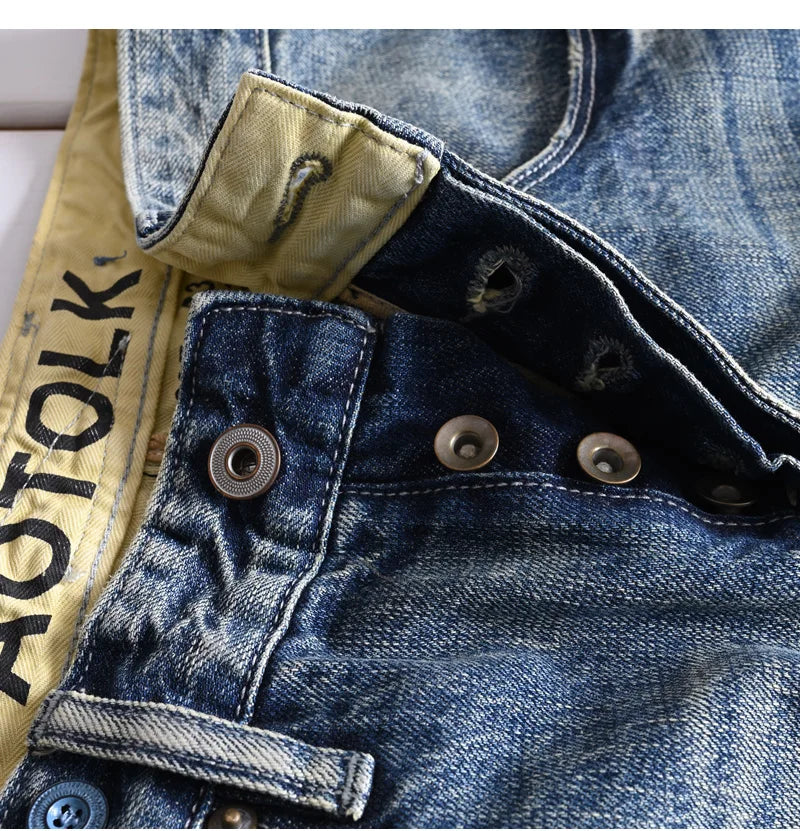 Heavyweight 100% Cotton Relaxed Straight Denim Jeans Vintage Washed & Distressed American Casual Pants for Men Amekaji Retro