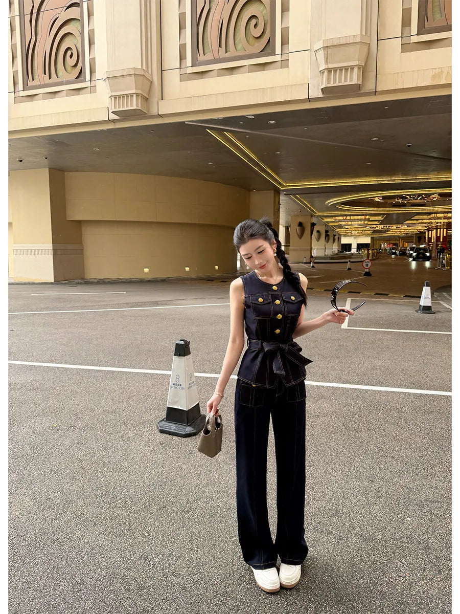 2026 new women's Japanese retro denim vest spring new waist style high-end sleeveless top denim trousers