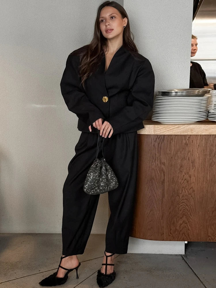 Tossy Solid Commute Suit 2 Piece-Set Women's Pants Puff Sleeves V-Neck Cropped Top And High Waist Pleated Pencil Pants Sets New