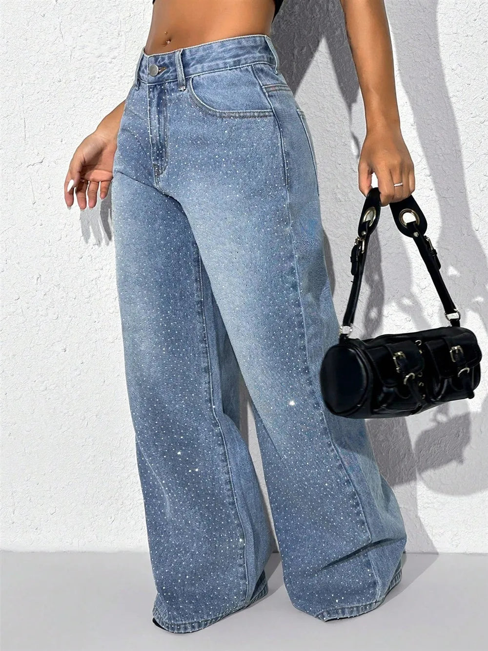 Sexy High Waist Straight Leg Women's Jeans Diamond Washed Cotton Blend Long Pants Trendy Fashionable Ladies Premium Denim