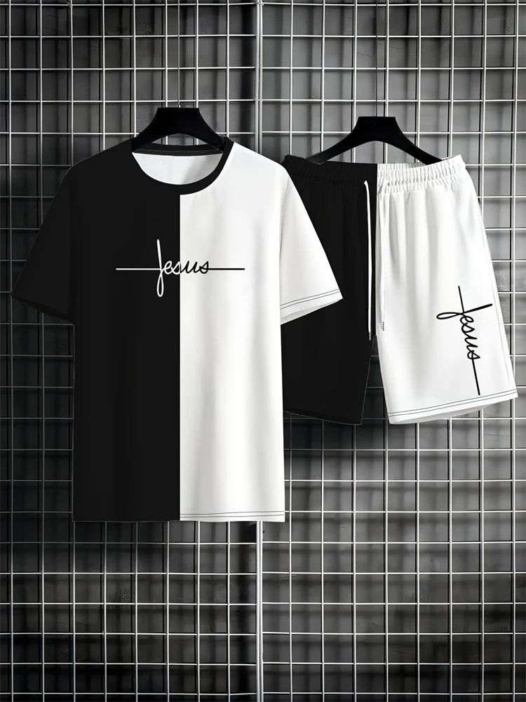 2025 Summer New Two-piece Men's Casual Striped Pattern Printed Short-sleeved T-shirt And Sports Shorts Suit Fitness Sports Suit