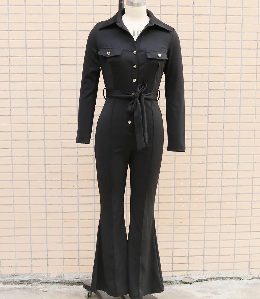 Women's Autumn Winter Elegant Turn Collar Long-Sleeve Shirt Jumpsuit Rompers