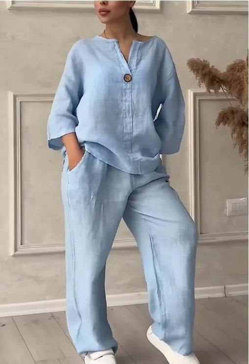Fashion O Neck Long Sleeve Cotton Linen Shirt Suit Women Spring Autumn Casual Solid Color Pocket Pants Female Office 2 Piece Set