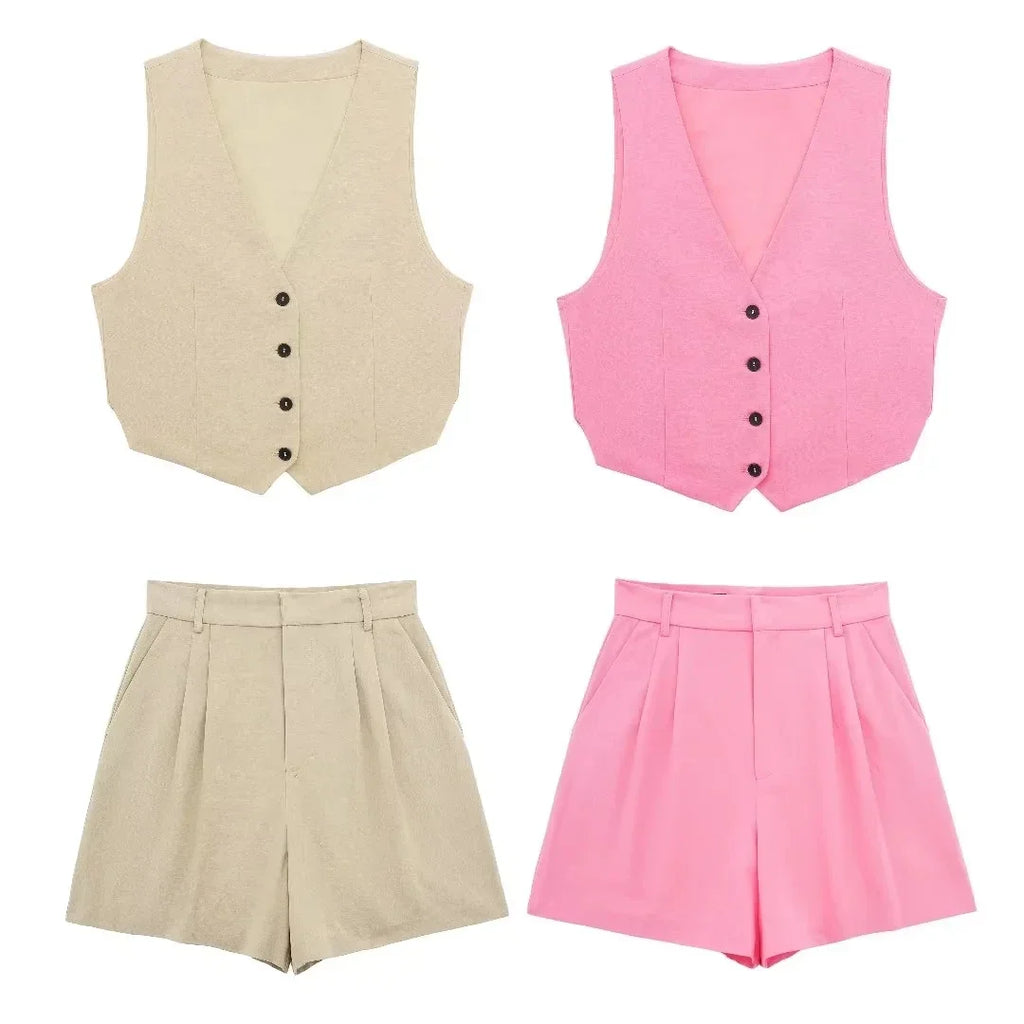 HH Women Solid Casual 2 Piece Set V Neck Single Breasted Vest Top High Waist Slim Shorts Female Casual Office Lady Daily Wear