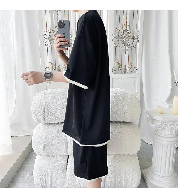Men's Solid Color 2-Piece Outfit Short Sleeve T-Shirt & Drawstring Elastic Waist Shorts Set Casual Lounge & Streetwear Clothing