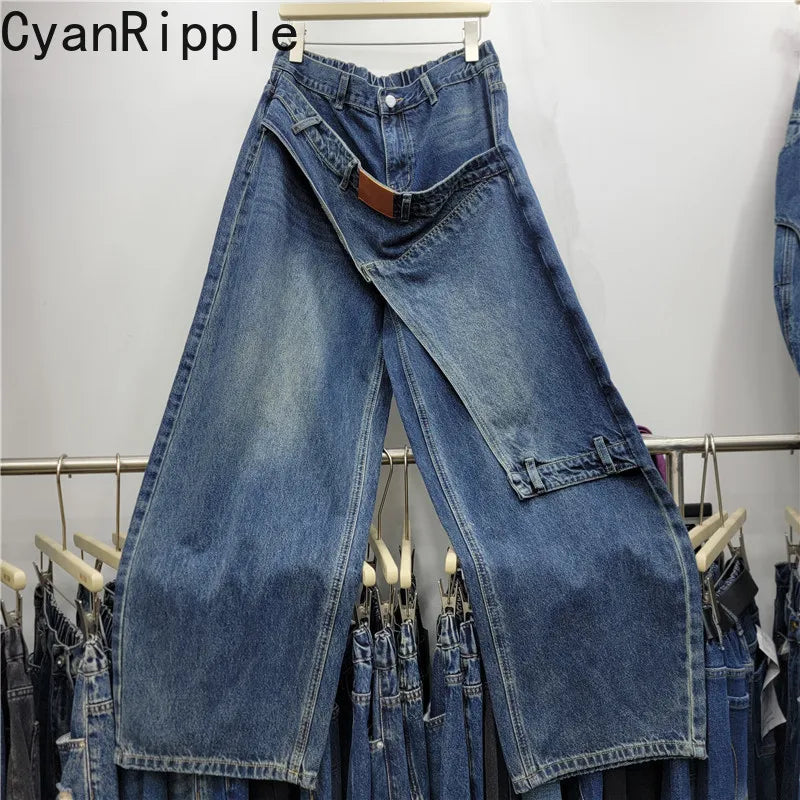 American Retro Hot Chick New Spring Autumn Wide Leg Jeans Personality Denim Splicing All-match High Waist Blue Straight Pants