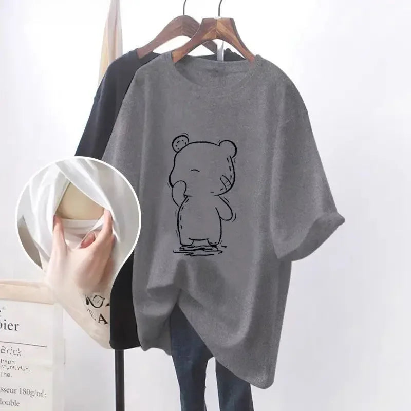 Fashionable Breastfeeding Top Short Sleeve Crew Neck T-shirt Versatile Summer Outdoor Wear For Mothers Simple Top For Feeding