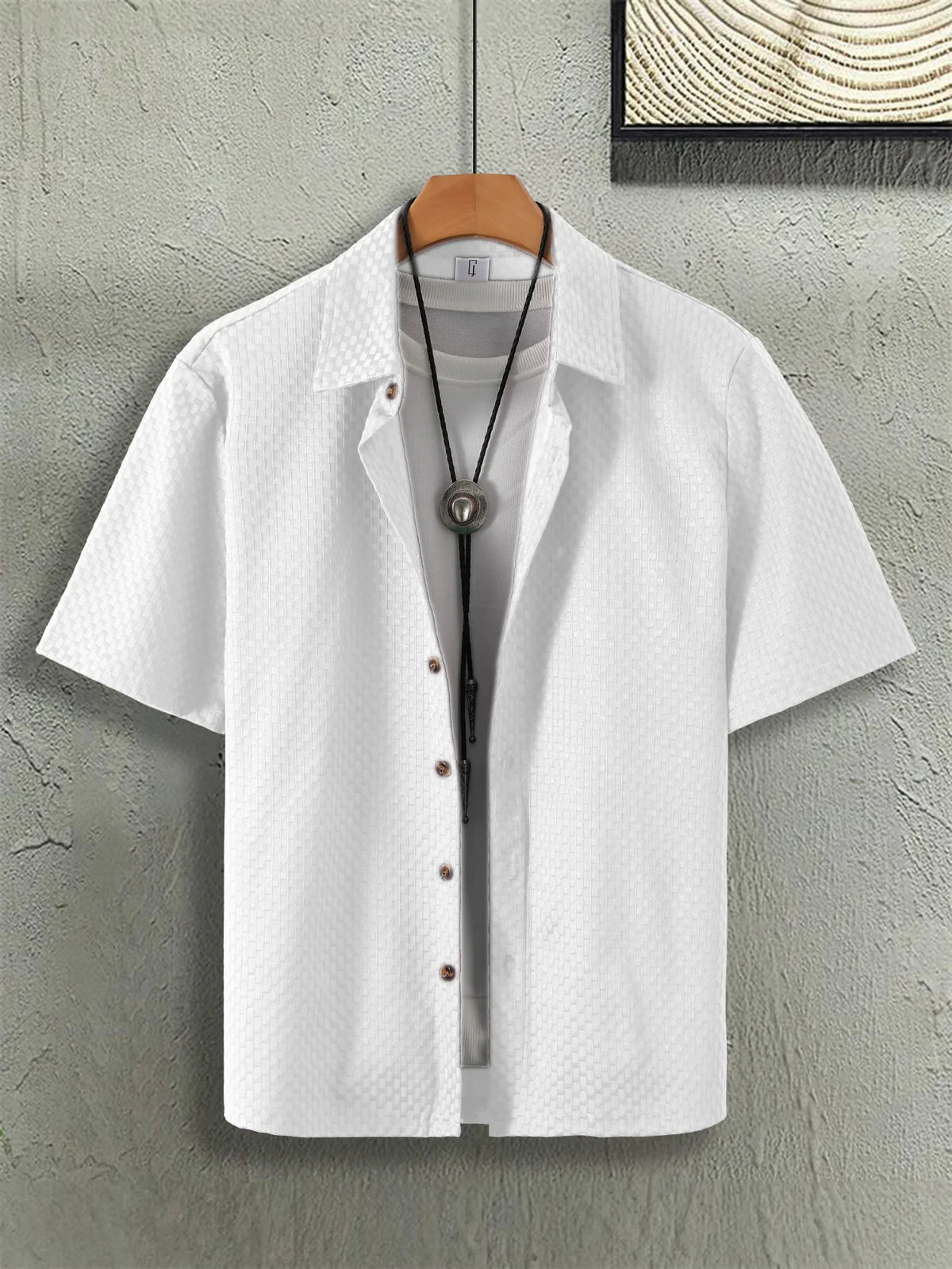 Men's Beach Casual Wear: Bubble Fabric Shirt Set, Loose Fit, Turn-down Collar, Buttoned Cardigan, Men's Cotton Summer Daily Apparel