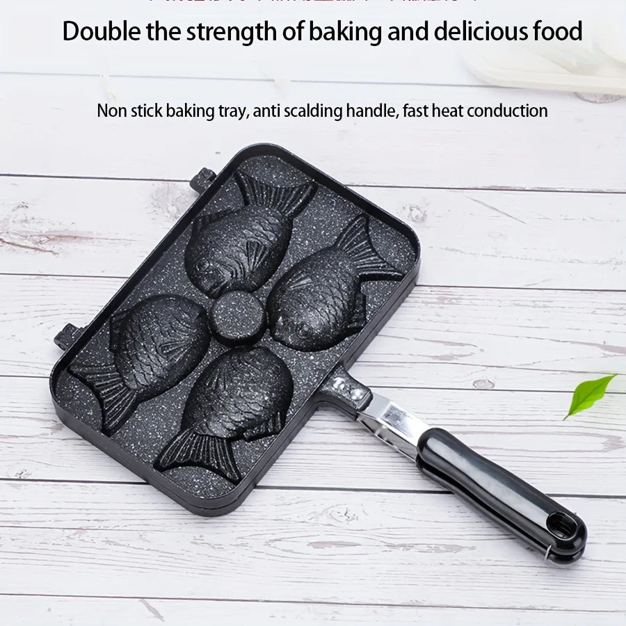 Taiyaki Fish Shape Waffle Maker Aluminum Alloy Double-Sided Uncoated 6-Cavity Mold Pan for Snacks Cakes Non-Stick Surface