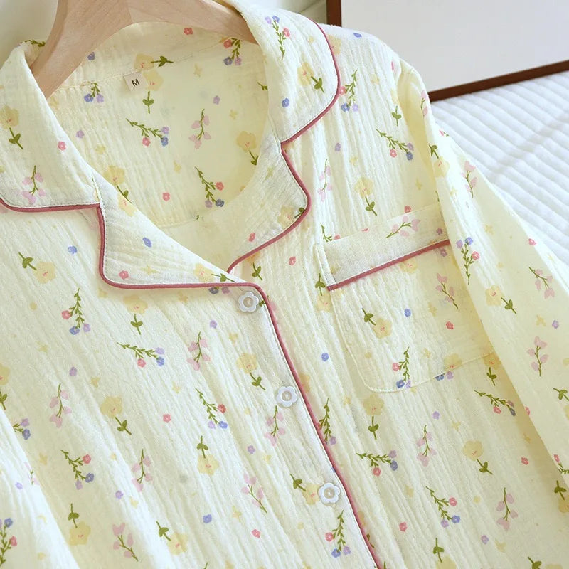 2025 Autumn Cotton Crepe Women's Pajamas Casual Soft Loose Sleepwear Long Sleeve Pants Pajama Sets Night Clothes 2-piece Set
