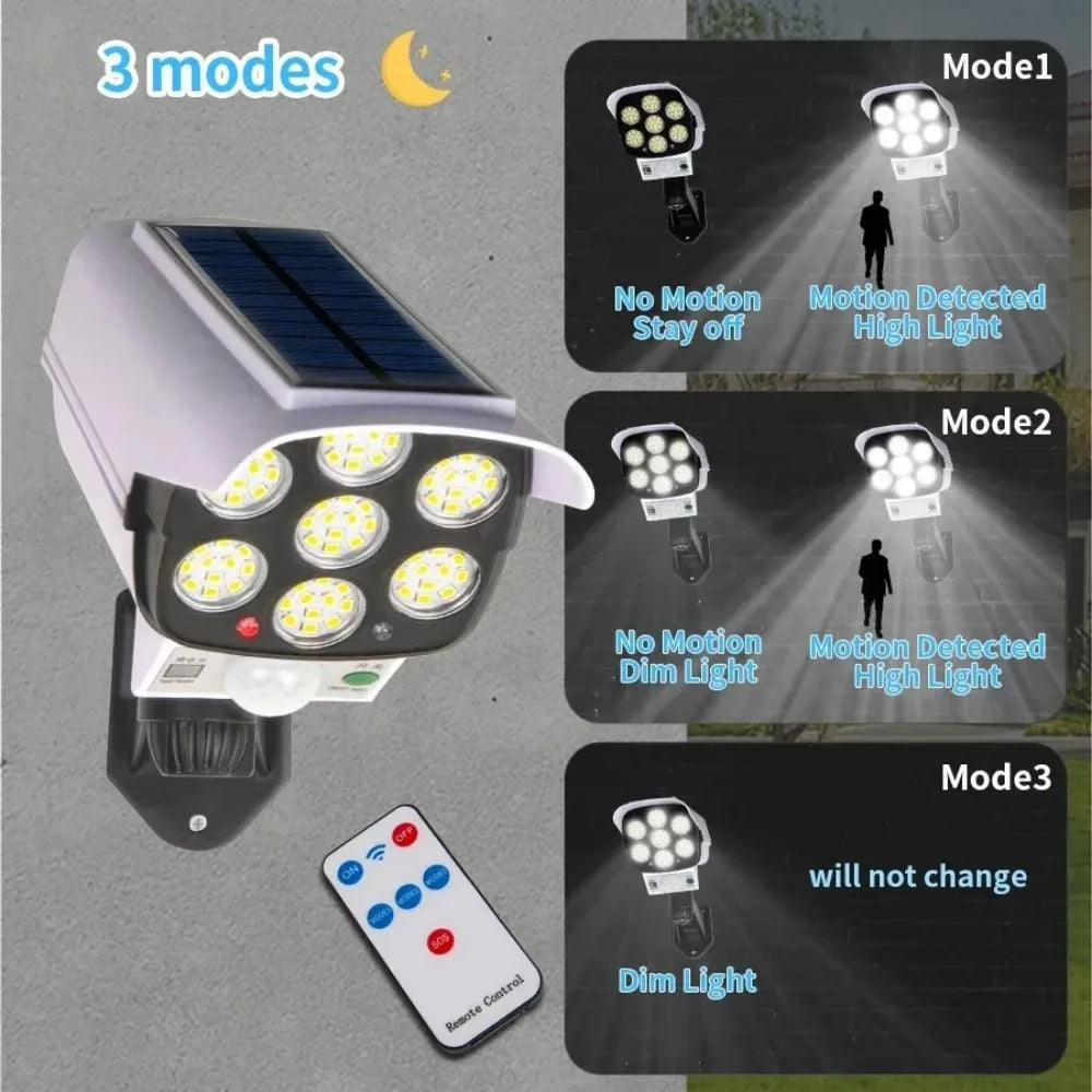 Outdoor Motion-Sensor Solar Light 77 LED Flood Lights Security Camera Ideal for Porches, Gardens, and Patios