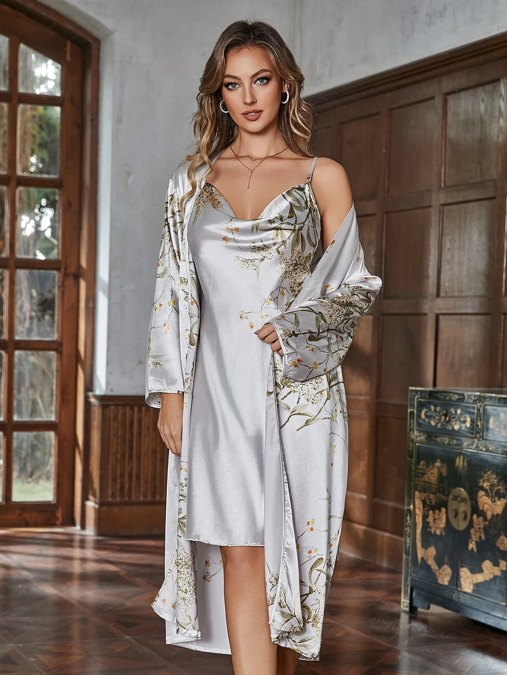 Ice Silk Female 4PCS Robe Pajamas Set Sleepwear Print Cherry Bathrobe Nightgown Trouser Pijamas Suit Loose Homewear Loungewear