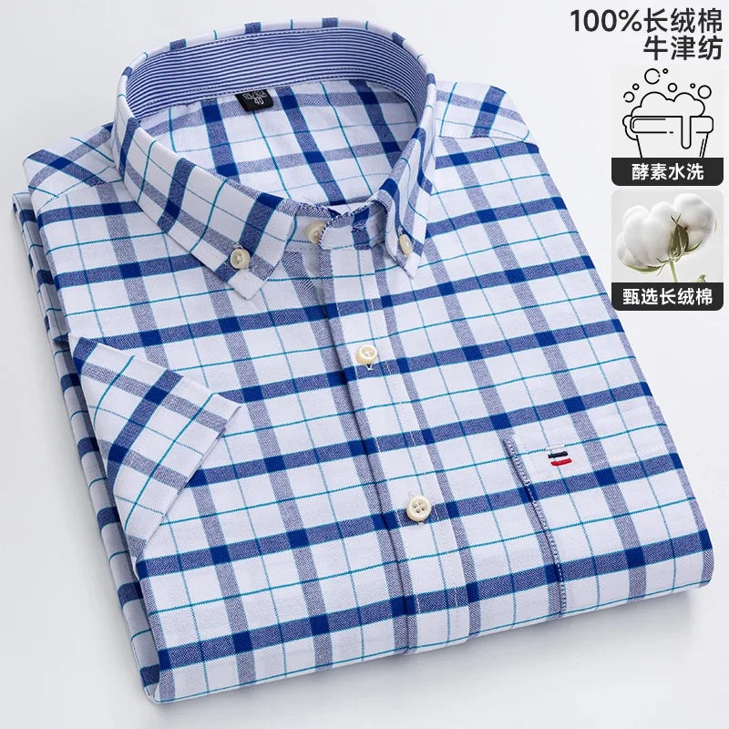 New 100% Cotton Oxford Men's Shirts Short Sleeve Plaid Soft Regular Fit Formal Dress Shirt Social Blouse Male Clothes 6XL 7XL