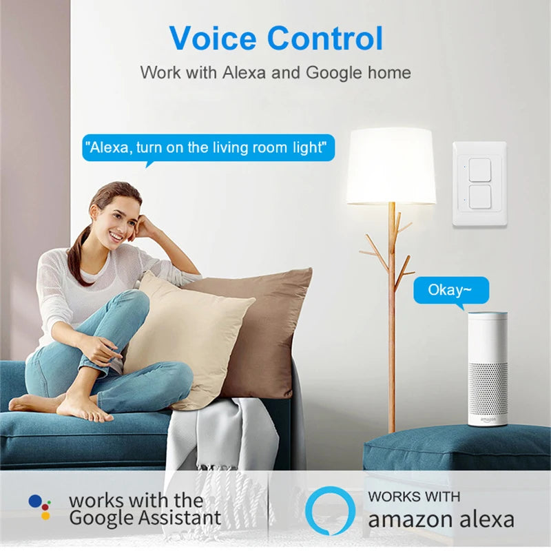 Tuya WiFi Light Switch Smart Wall Push Button Switches No Neutral Required 110-240V 1/2/3 Gang Physical Lamp Switch APP Voice