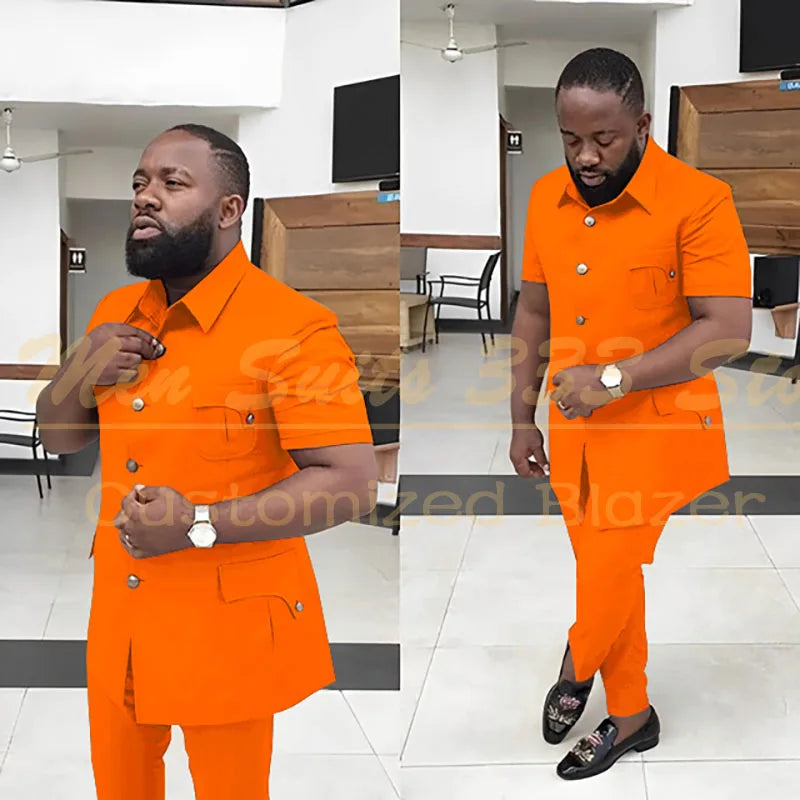 Summer Men's Suits Solid Color Short Sleeve Single Breasted Stand Lapel Casual Outfits 2 Piece Jacket Pants Set Slim Fit Terno