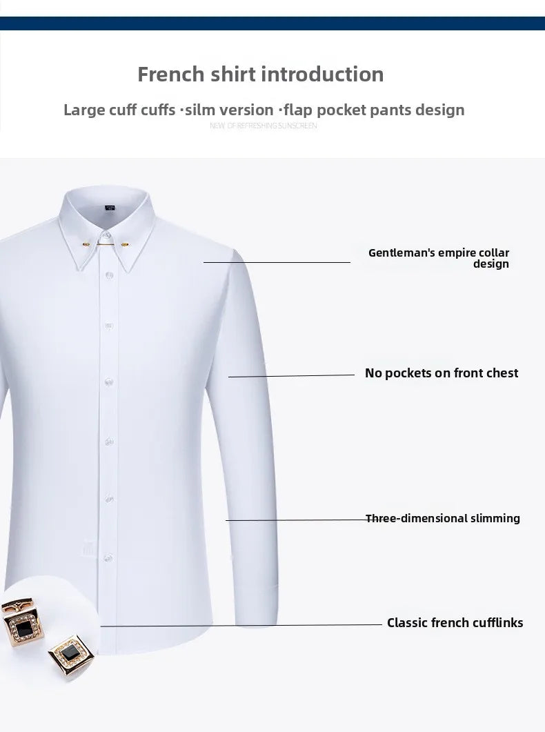 Embroidered French Cufflinks Men's Long-Sleeve Shirt with Collar Pins No tie Big Collar Dress Shirt for Business Formal Gentlema