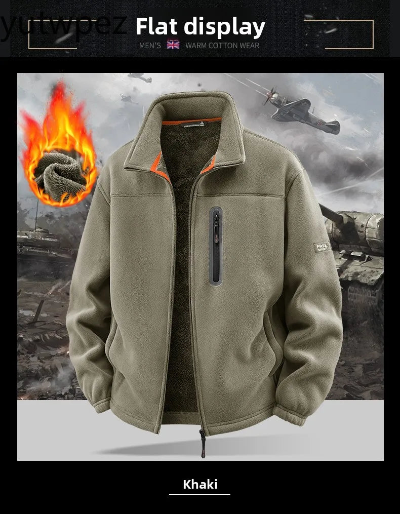 Winter Warm Fleece Jacket Men Climbing Double Thickened Pocket Jacket Outdoor High Collar Windproof Ski Sweatshirt Coat Man Snow