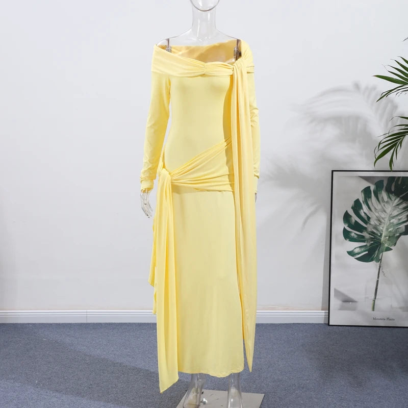 Elegant Solid Lace Up Dress Women's Off The Shoulder Long Sleeve Draped Dresses 2026 Spring New Female Chic Party Robes ﻿