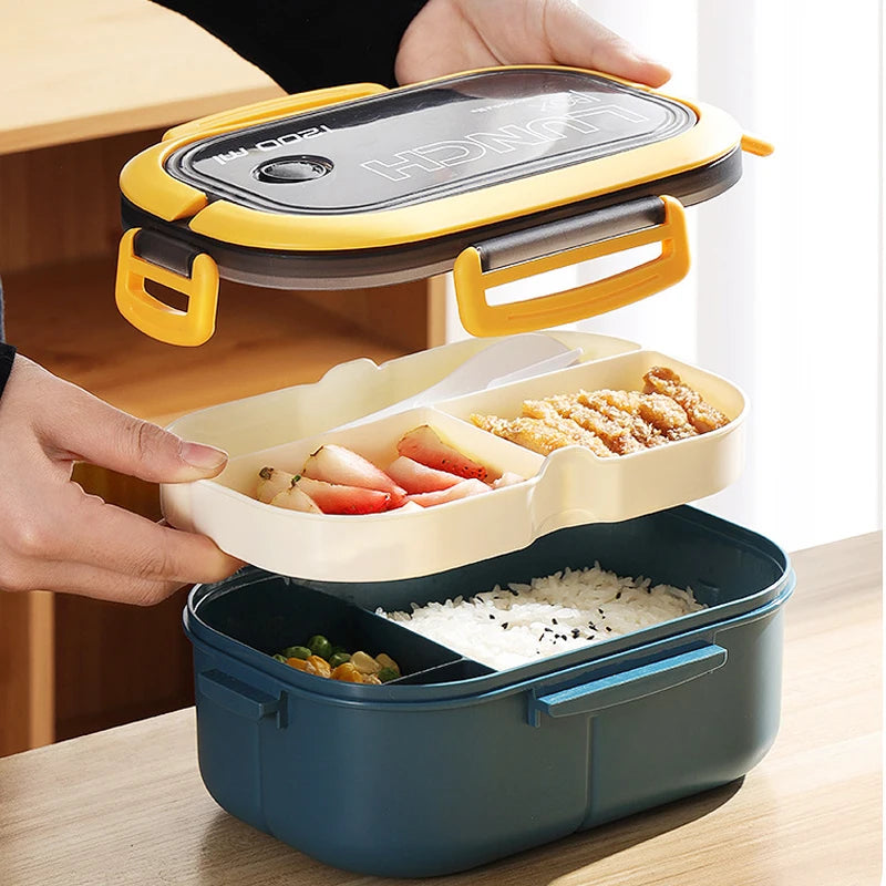 Portable Double-Layer Lunch Box with Fork And Spoon Compartment Food Container Microwave Safe for Picnics And Freshness Preserva