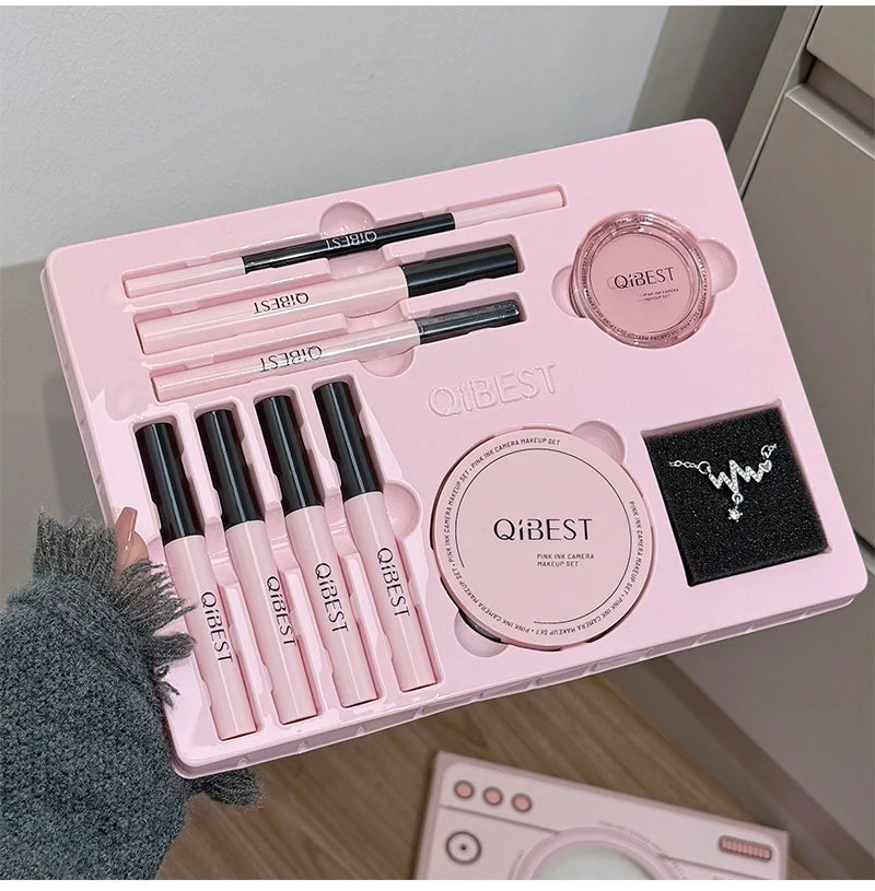Multipurpose Makeup Set 4PC Liquid Lipstick,1 Pressed Powder,1 Face Blush,1 Eyeliner,1 Mascara,1 Eyebrow Pencil Korean Cosmetics