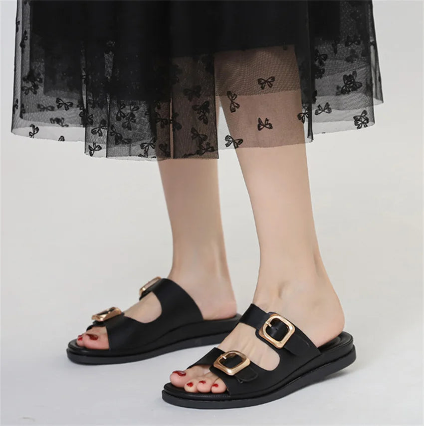 Casual Slippers Women PU Leather Open Toe Double Buckle Flat Summer Outdoors Non-Slip Soft Soles Slip On Beach Footwear Slippers