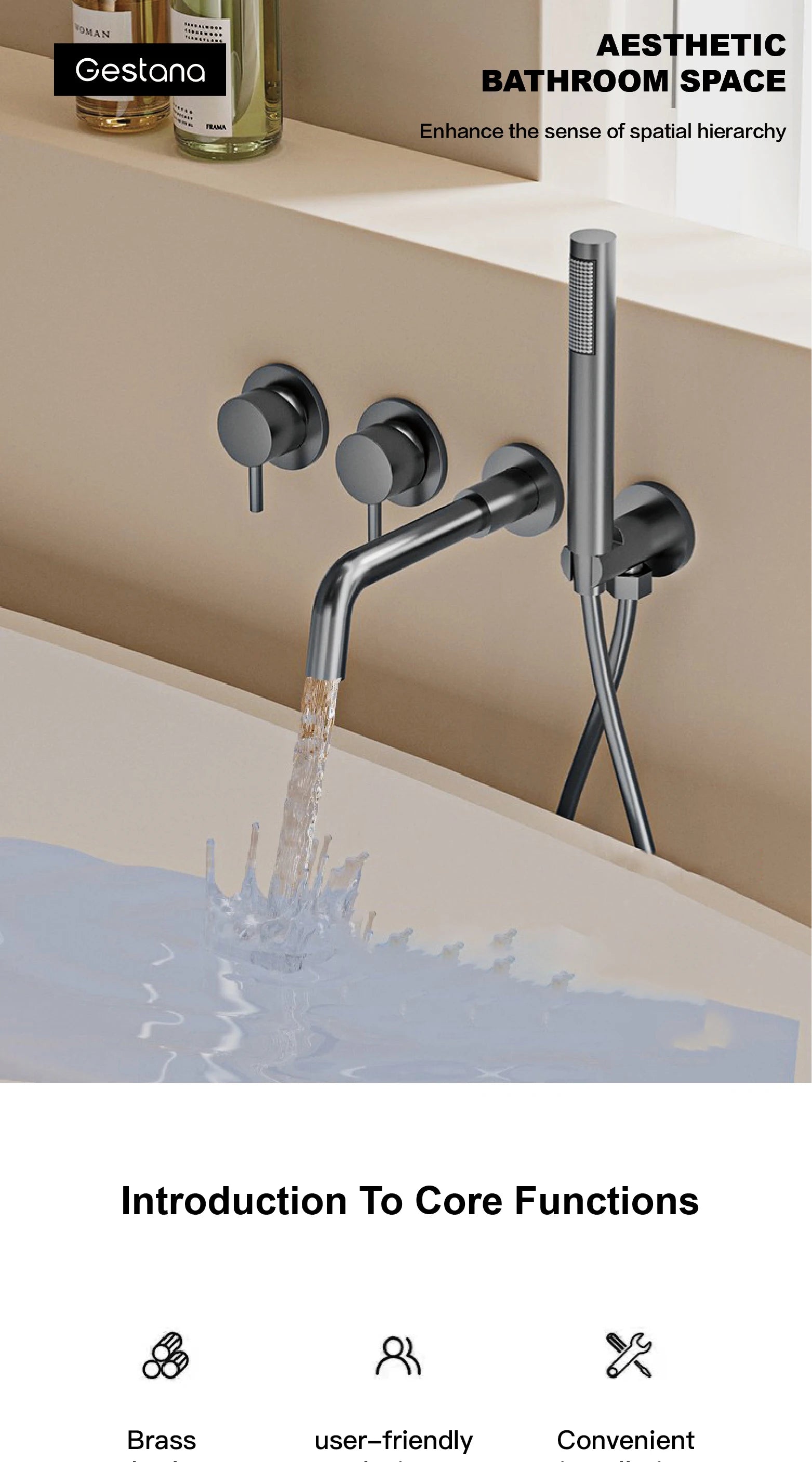 Bathroom Minimalist Gun Gray Brass Wall Mounted Bathtub Faucet with Dual Handles for Hot & Cold Water Dual Function Shower Mixer