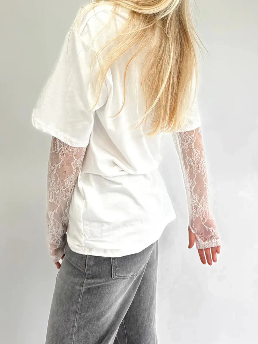Women Round Neck T-Shirt Lace Long Sleeve Casual Shirts Spring Fall Loose Fit Tops Ladies Solid Color Tee for Streetwear Y2K 00s