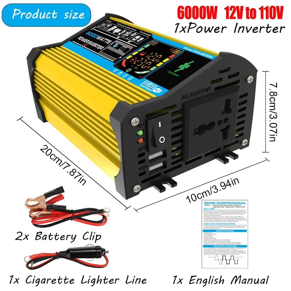 4000/6000W Inverter 12v 220v 110v Modified Sine Wave Car Power Inverter Transformer Convert LCD Display Vehicle Inverter 2USB