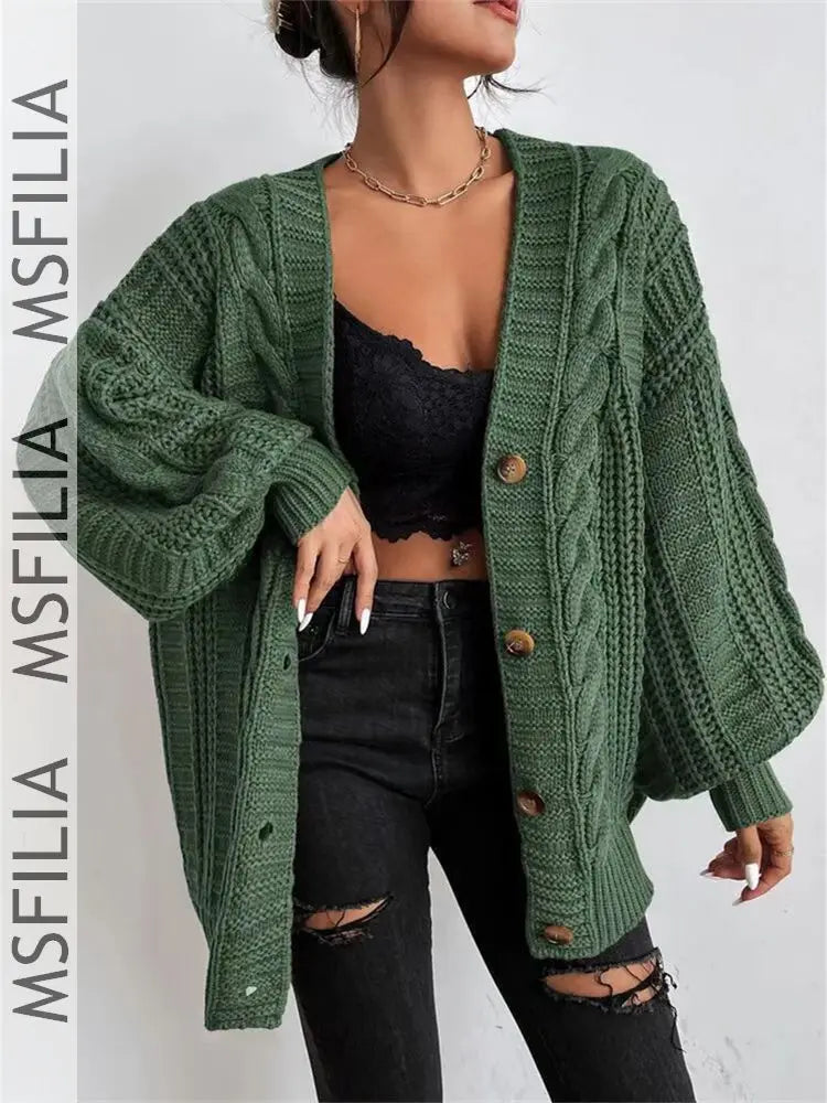 Msfilia Women's Fall/Winter Solid Color Cable Knit V-Neck Cardigan, Balloon Sleeve Loose Single Breasted Sweater Coat