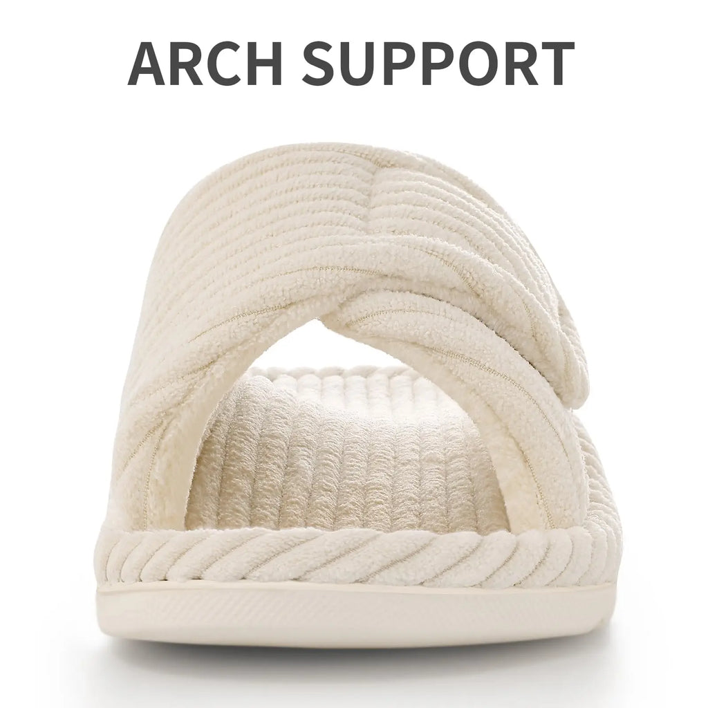 Evshine Women's Orthopedic House Slippers Arch Support Indoor Fur Slippers with Adjustable Strap Open Toe Corduroy Bedroom Shoes
